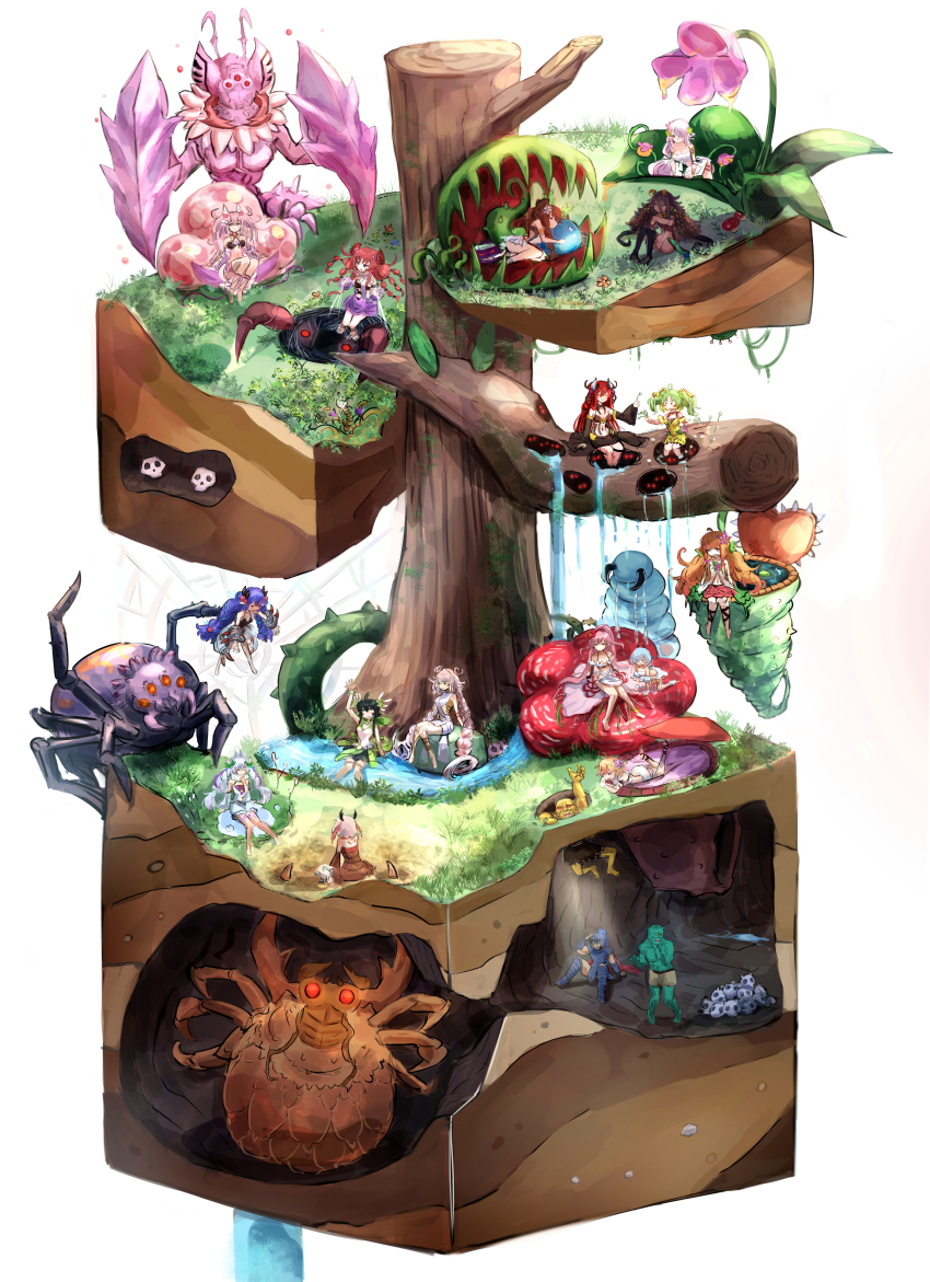 3boys 6+girls absurdres barefoot black_hair blue_eyes blue_hair braid brown_hair bug camisole closed_eyes comic cross-section duel_monster everyone flower grass green_eyes green_hair grey_hair hair_flower hair_ornament hatano_kiyoshi helmet highres long_hair multiple_boys multiple_girls orange_hair pink_hair plant puffy_pants purple_eyes rafflesia_(flower) red_eyes red_hair shade short_hair sitting skull sleeping spider traptrix_allomerus traptrix_arachnocampa traptrix_atrax traptrix_atypus traptrix_cularia traptrix_dionaea traptrix_genlisea traptrix_holeutea traptrix_mantis traptrix_myrmeleo traptrix_nepenthes traptrix_pinguicula traptrix_pudica traptrix_rafflesia traptrix_sera traptrix_vesiculo tree twin_braids twintails vines white_hair yu-gi-oh!