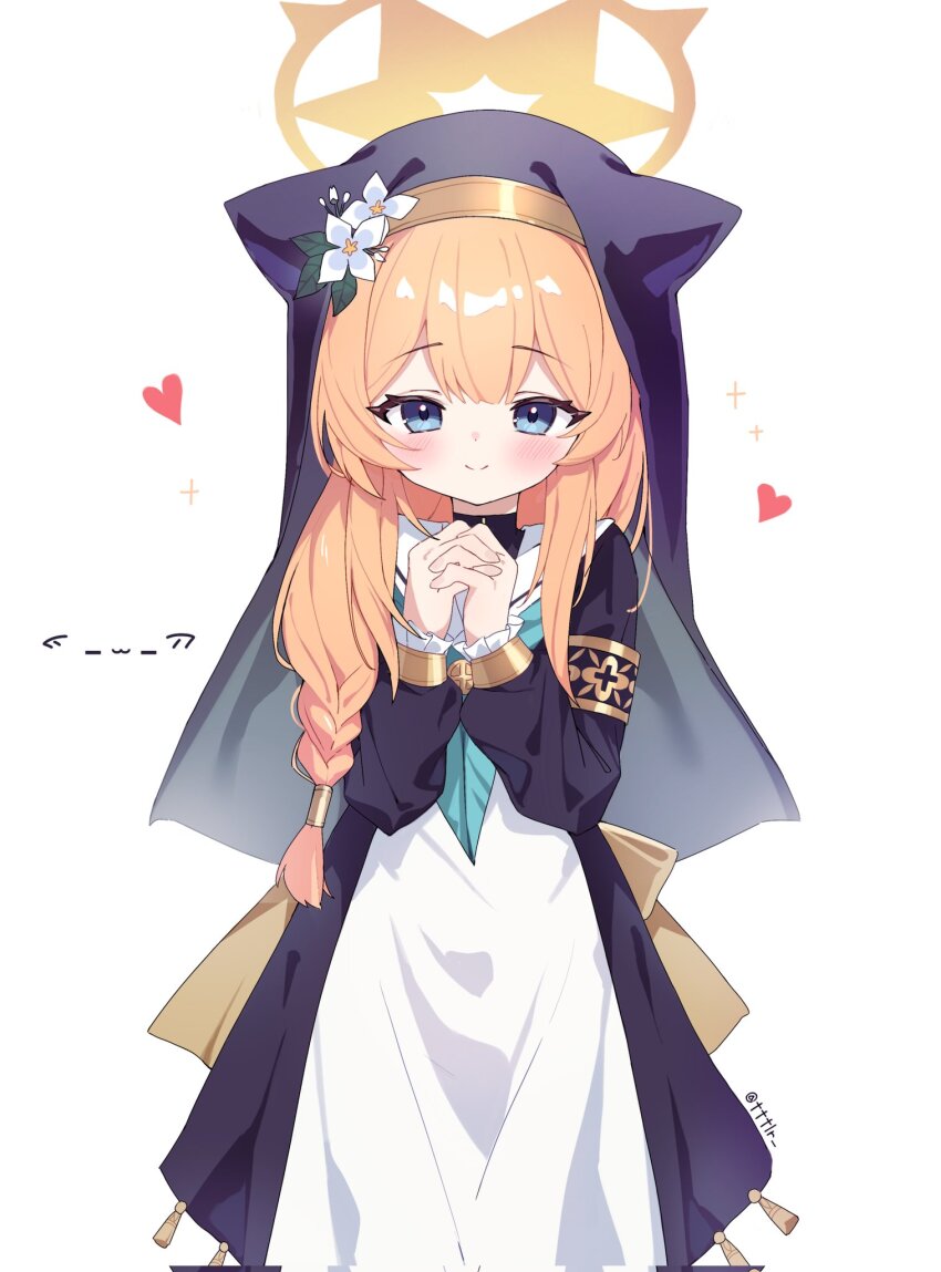 1girl animal_ears blonde_hair blue_archive blue_eyes blush breasts halo heart highres looking_at_viewer mari_(blue_archive) nun simple_background small_breasts solo standing tttlr white_background yellow_halo