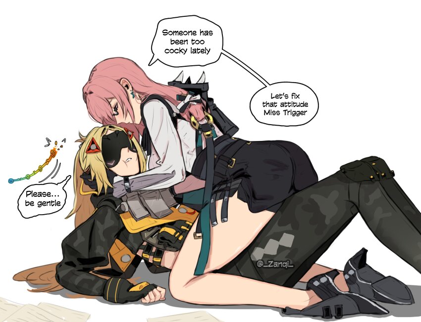 2girls absurdres armor black_pants black_shoes black_shrug black_skirt blindfold_mask blonde_hair camouflage camouflage_jacket camouflage_pants commentary covered_eyes earrings english_commentary english_text fingerless_gloves girl_on_top glasses gloves glowing_mask hair_ornament half-closed_eyes hand_on_another&#039;s_ear high-waist_skirt highres hourglass_earrings jacket jewelry long_hair looking_at_another lying mask multiple_girls on_back pants paper parted_lips pencil_skirt pink_eyes pink_hair ring_hair_ornament shadow shirt shirt_tucked_in shoes shoulder_armor shrug_(clothing) simple_background skirt speech_bubble tight_clothes tight_pants triangle_hair_ornament trigger_(zenless_zone_zero) tsukishiro_yanagi twitter_username white_background white_shirt yuri zanqi zenless_zone_zero