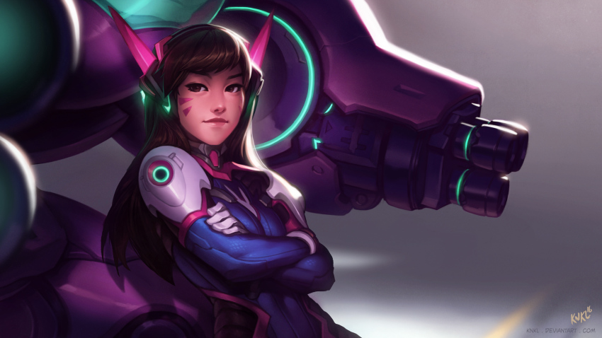 1girl artist_name backlighting bodysuit breasts brown_eyes brown_hair crossed_arms d.va_(overwatch) facial_mark female_focus gloves grey_background headphones highres kienan_lafferty leaning_on_object light_smile lips long_hair looking_at_viewer md5_mismatch mecha mecha_pilot_suit meka_(overwatch) nose overwatch overwatch_1 robot signature small_breasts smug solo swept_bangs upper_body watermark web_address whisker_markings white_gloves