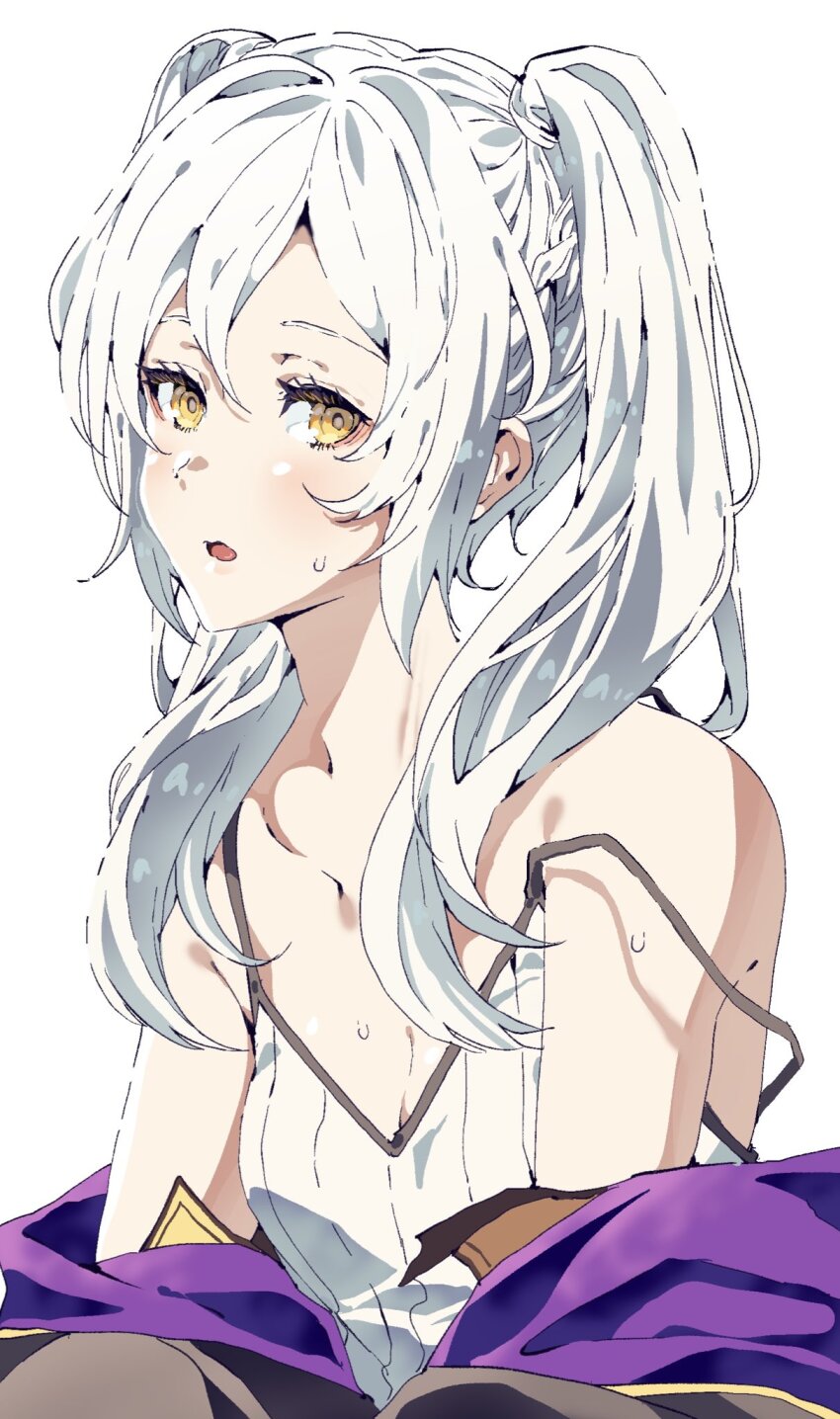 1girl blush breasts camisole cleavage female_robin_(fire_emblem) fire_emblem fire_emblem_awakening hair_between_eyes highres long_hair looking_at_viewer medium_breasts nintendo off_shoulder parted_lips robe_partially_removed smile solo spaghetti_strap sweat tongue tsujii_luki twintails white_camisole white_hair
