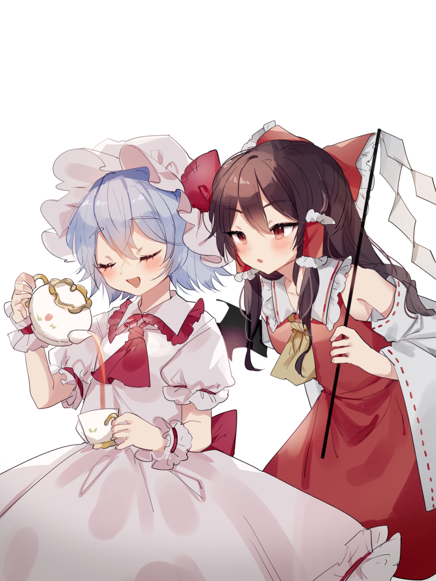 2girls ascot bare_shoulders bat_wings blue_hair blush bow breasts brown_eyes brown_hair closed_eyes collared_dress cup detached_sleeves dress frilled_bow frilled_hair_tubes frills gohei hair_between_eyes hair_bow hair_ornament hair_tubes hakurei_reimu hand_up hands_up hat hat_ribbon highres holding holding_cup holding_gohei holding_teapot kettle long_sleeves looking_at_another medium_breasts medium_hair mob_cap multiple_girls open_mouth pink_dress pink_sleeves pouring puffy_short_sleeves puffy_sleeves red_ascot red_bow red_dress red_ribbon remilia_scarlet ribbon ribbon-trimmed_sleeves ribbon_trim short_hair short_sleeves simple_background smile sorani_(kaeru0768) standing tea teacup teapot touhou white_background white_hat wide_sleeves wings wrist_cuffs yellow_ascot