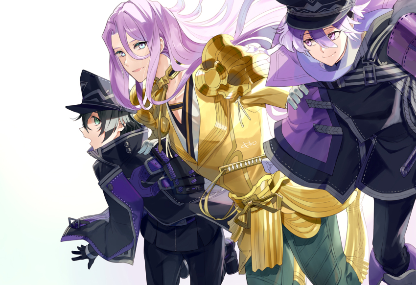 3boys :d aqua_eyes armor black_cloak black_gloves black_hair black_headwear black_jacket black_pants cloak closed_mouth cowboy_shot curtained_hair feet_out_of_frame gloves gold_armor green_pants hachisuka_kotetsu hair_between_eyes hand_on_another&#039;s_shoulder hat high_collar houhou_(black_lack) jacket japanese_armor japanese_clothes katana kimono lapels looking_at_another looking_at_viewer male_focus minamoto_kiyomaro multiple_boys open_mouth pants pauldrons peaked_cap profile purple_eyes purple_hair shawl_lapels sheath sheathed short_hair shoulder_armor sidelocks sideways_glance simple_background smile sode suishinshi_masahide_(touken_ranbu) sword touken_ranbu weapon white_background white_gloves white_kimono yellow_jacket