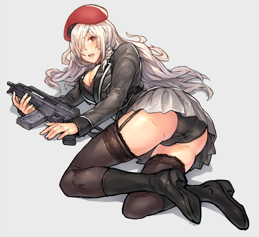 1girl ass beret blush boots breasts female_focus g36c_(girls&#039;_frontline) girls&#039;_frontline hair_over_one_eye hat highres long_hair looking_at_viewer lying military military_uniform nemui open_mouth panties red_eyes shiny_skin silver_hair skirt solo thigh_boots thighhighs underwear weapon