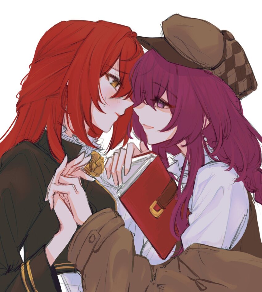 0214x0826 2girls beret black_jacket blush book braid brown_coat brown_hat brown_vest checkered_hat closed_mouth coat commentary_request earrings golden_rose hair_between_eyes hands_up hat highres himeko_(honkai:_star_rail) holding holding_book holding_hands honkai:_star_rail honkai_(series) jacket jewelry kafka_(honkai:_star_rail) korean_commentary long_hair long_sleeves looking_at_another multiple_girls open_book open_clothes open_coat open_jacket open_mouth pearl_earrings pink_pupils purple_eyes purple_hair red_hair red_lips shirt sidelocks simple_background smile sweatdrop upper_body vest white_background white_shirt yellow_eyes yuri