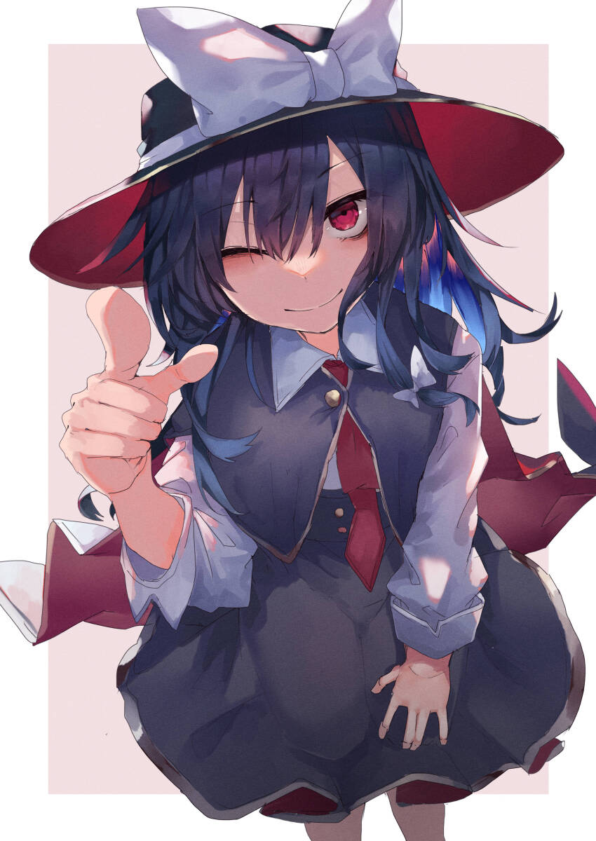 1girl absurdres alternate_eye_color black_cape black_hair black_hat black_skirt bow cape closed_mouth collar hair_between_eyes hand_on_own_thigh hat hat_bow highres leaning_forward long_sleeves looking_at_viewer medium_hair muraryo one_eye_closed pointing pointing_at_viewer red_eyes shirt skirt sleeve_cuffs smile solo standing touhou two-tone_background usami_renko white_bow white_collar white_shirt