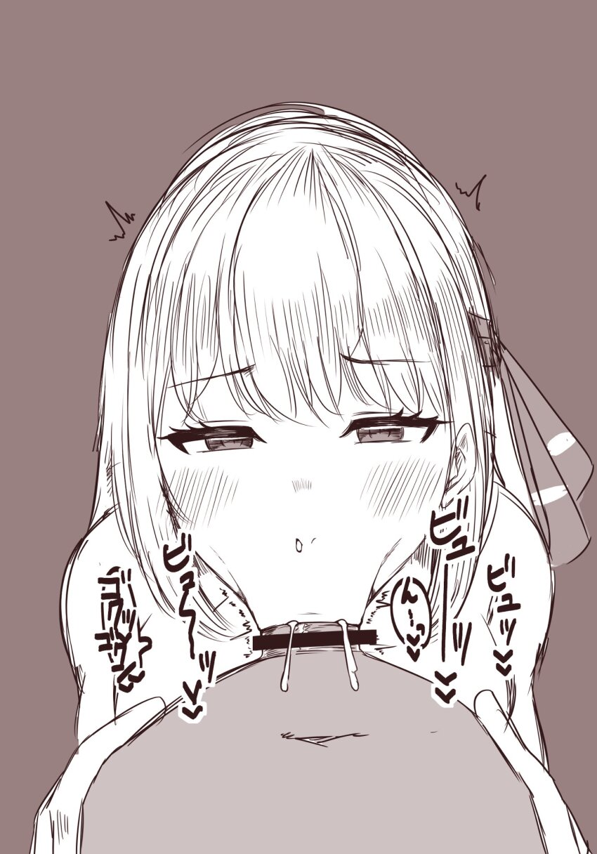 1boy 1girl :&gt;= bar_censor blackstick128 blush breasts censored commentary_request completely_nude cum cum_in_mouth cum_in_nose dark-skinned_male dark_skin deepthroat ejaculation eyelashes fellatio hair_ribbon hands_on_another&#039;s_stomach hetero highres large_breasts limited_palette looking_at_viewer monochrome narrowed_eyes nostrils nude oral penis pov pov_crotch ribbon rumia short_hair simple_background sound_effects touhou translation_request twitching