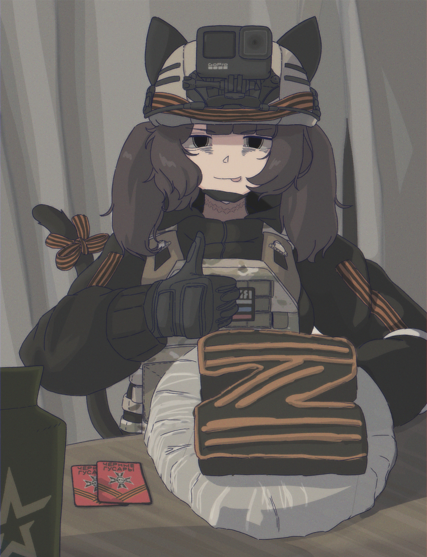 action_camera animal_ears b1-517 black_eyes brown_hair cake cat_ears cat_tail chin_strap fake_animal_ears fake_tail food helmet highres load_bearing_vest looking_at_viewer marusha_(b1-517) original patch photo-referenced ribbon ribbon_of_saint_george russian_ground_forces scar scar_on_neck solo table tail tail_ornament tail_ribbon thumbs_up track_suit twintails video_camera z_(russian_symbol)