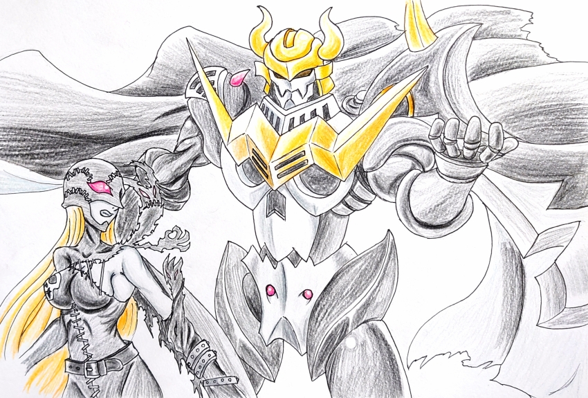 darkknightmon demon demon_girl digimon digimon_(creature) fallen_angel highres ladydevimon long_hair mask