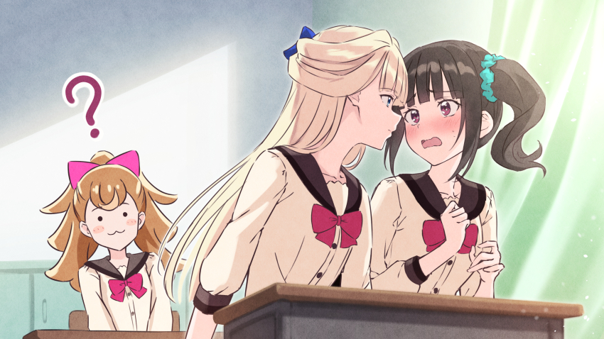 3girls blonde_hair blue_eyes blush bow bowtie brown_hair brown_sailor_collar classroom closed_mouth commentary_request desk eye_contact hair_bow hair_ornament hair_scrunchie highres long_sleeves looking_at_another multiple_girls nekoyashiki_mayu nekoyashiki_yuki nervous_sweating nuenue open_mouth orange_hair pink_bow ponytail precure purple_eyes red_bow red_bowtie sailor_collar school_desk school_uniform scrunchie second_wangan_school_uniform shirt side_ponytail sweat wonderful_precure! yellow_shirt yuri