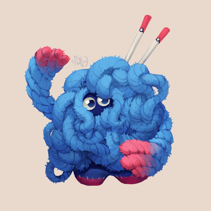absurdres arm_up blue_eyes gen_4_pokemon highres light_brown_background looking_at_viewer nintendo no_humans pokemon pokemon_(creature) pokemon_focus signature simple_background sunniemunch tangrowth yarn
