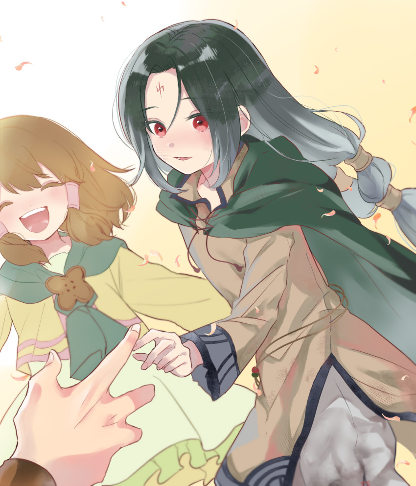 1boy 1girl aged_down child closed_eyes commentary_request facial_mark falling_petals fire_emblem fire_emblem:_path_of_radiance fire_emblem_heroes forehead_mark hair_tubes highres long_hair mist_(close-knit_siblings)_(fire_emblem) mist_(fire_emblem) nintendo official_alternate_costume open_mouth parted_lips petals pixiv_9786468 red_eyes smile soren_(fire_emblem) soren_(hushed_voice)_(fire_emblem)