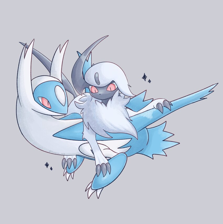 absol animal_focus claws gen_3_pokemon highres horns latios legendary_pokemon nintendo no_humans pokemon pokemon_(creature) red_eyes single_horn slit_pupils soruva_359 twitter_username white_hair wings