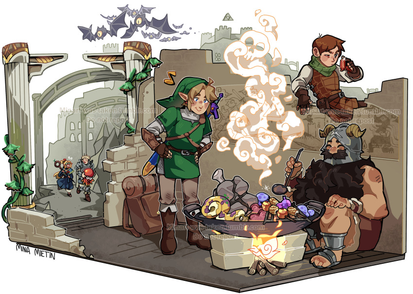 1girl 4boys absurdres black_beard brown_hair campfire chilchuck_tims commentary cooking crossover dungeon_meshi english_commentary fake_horns green_hat green_tunic hat helmet highres horned_helmet horns keese laios_touden link marcille_donato minart_(minart-was-taken) multiple_boys nintendo octorok plant ruins rupee_(zelda) senshi_(dungeon_meshi) sitting smile the_legend_of_zelda tunic vines