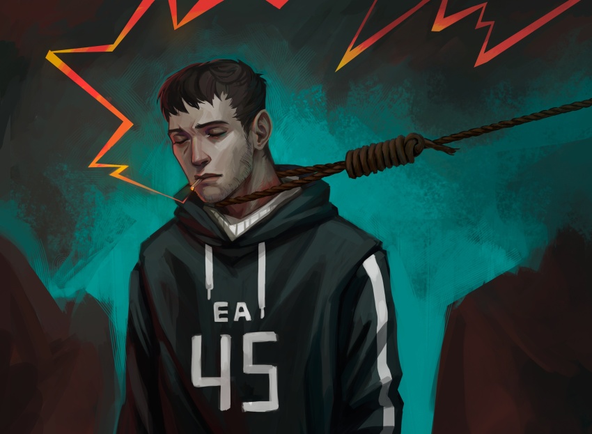 1boy afraid_of_monsters brown_hair cellar_art cigarette closed_eyes david_leatherhoff facial_hair goatee_stubble green_hoodie headless highres hood hood_down hoodie imminent_suicide male_focus noose people print_hoodie scar scar_on_face short_hair silhouette smoking solo stubble turtleneck upper_body