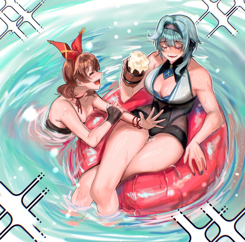 2girls absurdres afloat alcohol alternate_hairstyle amber_(genshin_impact) beer beer_mug blue_hair blush breasts brown_hair closed_eyes cup eula_(genshin_impact) facing_another from_above genshin_impact hair_intakes hairband hand_rest hand_up headband highres holding holding_cup innertube kiegenshin large_breasts long_hair low_twintails mug multiple_girls neck_ribbon nose_blush on_innertube one-piece_swimsuit open_mouth outstretched_arm outstretched_hand partially_submerged red_ribbon ribbon ripples short_twintails smile swim_ring swimsuit twintails water wet wooden_cup