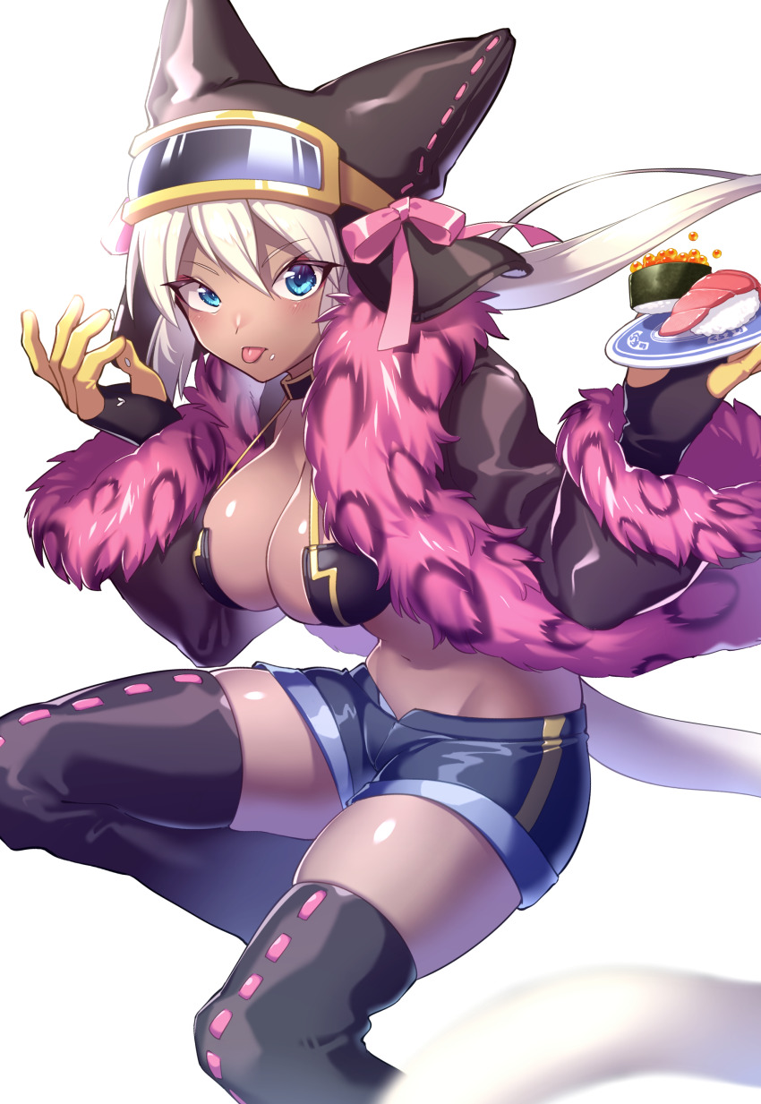 1girl absurdres animal_ears blue_eyes breasts cat_tail cleavage dark-skinned_female dark_skin denim denim_shorts elbow_gloves eyewear_on_head fish_(food) food food_on_head gloves highres kaiten_muten-maru large_breasts long_hair micro_shorts miyoshi_(miyoshi_sikb) navel object_on_head open_clothes open_shorts rice roe shamu_meruruusa shorts sunglasses sushi tail thighhighs white_hair