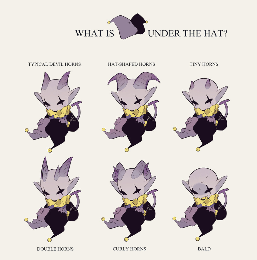 1boy allhailjotman bald black_hat clenched_teeth clown clown_boy colored_skin commentary cropped_torso curled_horns deltarune english_commentary english_text gloves grey_background grey_skin hat highres holding holding_unworn_clothes holding_unworn_hat hollow_eyes horns jester jester_boy jester_cap jevil long_sleeves multiple_views neck_ruff pointy_ears purple_gloves purple_hat purple_tail scar scar_across_eye scar_on_face sharp_teeth simple_background small_horns sweat tail teeth two-tone_headwear unworn_hat unworn_headwear yellow_teeth