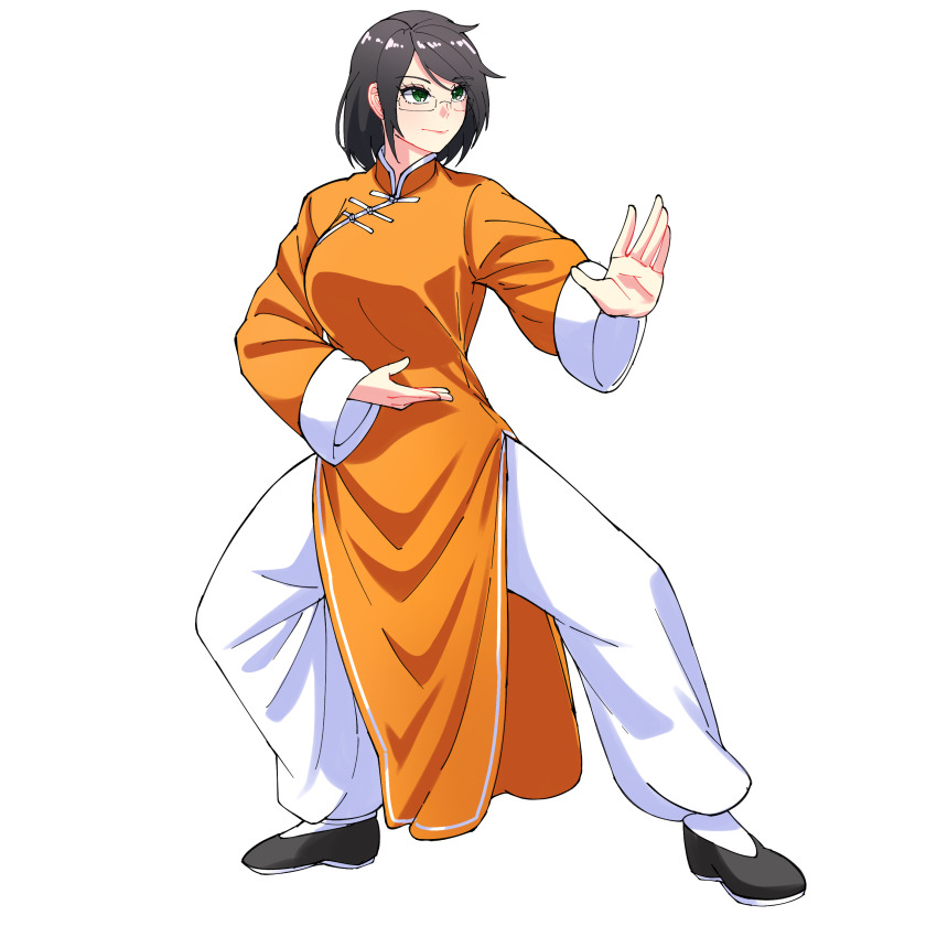 1girl absurdres black_hair changpao china_dress chinese_clothes dress fighting fighting_stance green_eyes highres kokoro_no_koibito kung_fu long_sleeves martial_arts monk orange_dress original self-upload shaolin_monk short_hair tangzhuang training