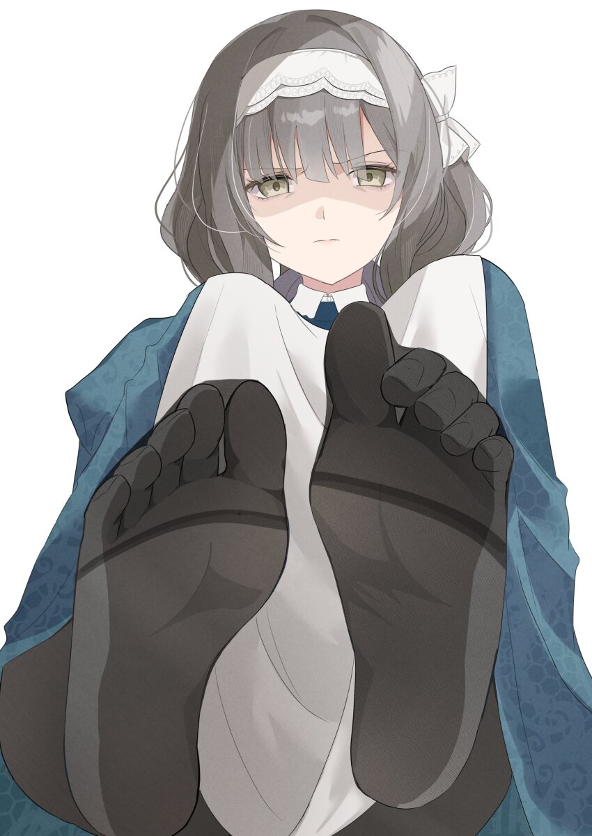 1girl absurdres apron black_pantyhose dress feet foot_focus gakuen_idolmaster gaohuang43450 green_dress green_eyes grey_hair hair_ribbon highres hiwatari_kanae idolmaster looking_at_viewer maid maid_headdress pantyhose ribbon scowl shaded_face short_hair simple_background solo white_apron white_background