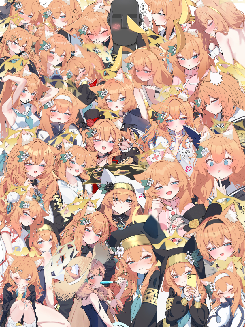 1girl absurdres alternate_costume animal_ears back black_veil blue_archive blue_eyes blush cat_ears china_dress chinese_clothes cosplay dress fake_animal_ears food hat highres ice_cream looking_at_viewer mari_(blue_archive) mari_(swimsuit)_(blue_archive) mari_(track)_(blue_archive) nail_polish nun orange_hair school_uniform serafuku serina_(blue_archive)_(cosplay) shirt sleeveless sleeveless_shirt socks top_hat veil warabi_mochi_(w4rabimochi) white_shirt white_socks