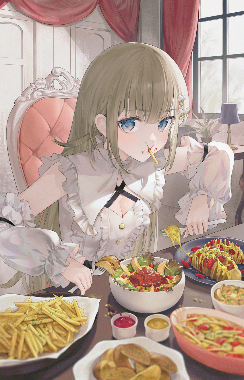 1girl :i blue_eyes blunt_bangs bowl breasts capelet casserole cattleya_regina_games center_frills chair cheese cheese_trail cleavage commentary_request curtains detached_sleeves dress eating food food_in_mouth food_on_face fork french_fries frilled_sleeves frills full_mouth grey_hair hair_ornament hanabusa_lisa hanabusa_lisa_(1st_costume) highres holding holding_fork indoors ketchup lampshade lettuce long_hair long_sleeves looking_at_viewer medium_breasts mouth_hold mustard nakashima_(pluscolor) plant plate potato potato_salad potato_wedges potted_plant salad sauce saucer sidelocks sitting solo table tomato tomato_sauce too_many too_much_food upper_body virtual_youtuber vspo! white_capelet white_dress white_sleeves window