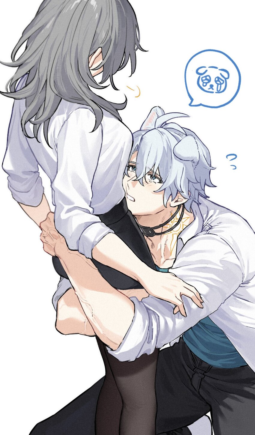 1boy 1girl animal_ears black_choker black_pants black_skirt black_thighhighs blue_eyes blue_shirt breasts choker commentary dog_ears gold_tattoo grey_hair hetero highres honkai:_star_rail honkai_(series) hug jacket kneeling looking_at_another meat7955 medium_breasts medium_hair necktie pants pencil_skirt phainon_(honkai:_star_rail) shirt short_hair simple_background skirt spoken_expression stelle_(honkai:_star_rail) symbol-only_commentary thighhighs trailblazer_(honkai:_star_rail) white_background white_hair white_jacket white_shirt