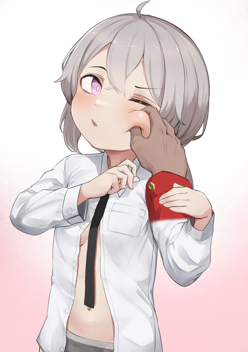 1boy 1girl absurdres ahoge black_necktie breasts cheek_pinching daebom girls&#039;_frontline grey_hair grey_panties highres jacket long_sleeves m200_(girls&#039;_frontline) navel necktie open_clothes open_shirt panties partially_unbuttoned pinching pov pov_hands purple_eyes red_jacket shirt trimmed_panties underwear white_shirt white_trimmed_panties