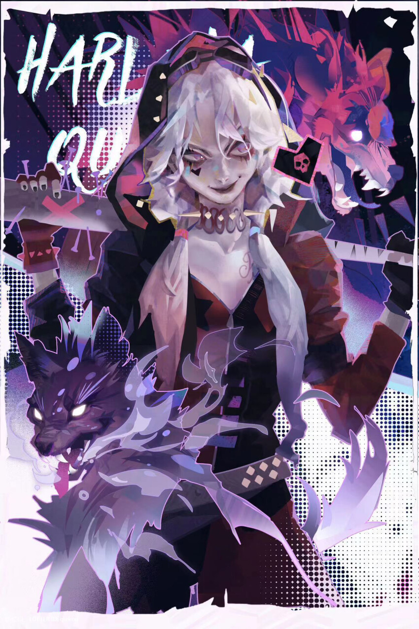 1girl baseball_bat belt character_name dc_comics fingerless_gloves gloves goggles goggles_on_head harley_quinn heart highres holding holding_baseball_bat hood hoodie hyena qiekou skull solo