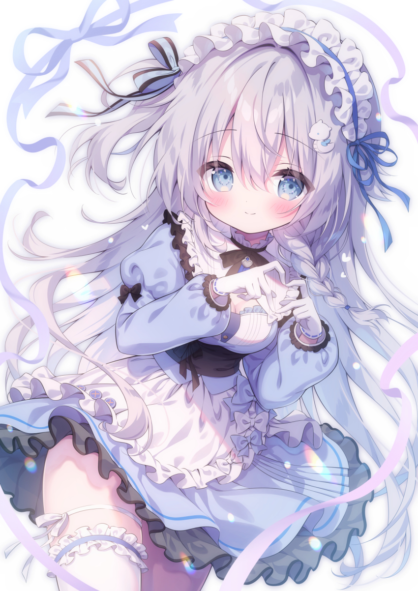 1girl apron black_bow black_bowtie blue_dress blue_eyes blue_ribbon blush bow bowtie braid breasts collar commentary dot_nose dragon_hair_ornament dress frilled_apron frilled_collar frilled_dress frills gloves hair_bow heart heart_hands highres kamishiro_piyo layered_dress long_hair long_sleeves looking_at_viewer maid_headdress medium_breasts multicolored_bow original puffy_sleeves ribbon ribbon-trimmed_gloves ribbon_trim smile solo symbol-only_commentary thighhighs very_long_hair white_apron white_background white_bow white_collar white_gloves white_hair white_thighhighs
