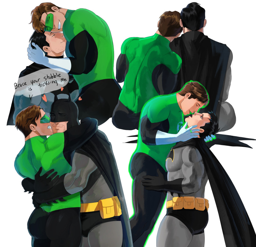 2boys absurdres ass back bara batman batman_(series) black_bodysuit black_cape black_gloves black_hair blush bodysuit brown_hair bruce_wayne cape closed_eyes closed_mouth couple dc_comics domino_mask english_text gloves green_bodysuit green_lantern green_lantern_(series) grey_bodysuit hal_jordan haljordanmylove highres hug large_pectorals male_focus mask multiple_boys muscular muscular_male open_mouth pectorals short_hair simple_background sitting smile superhero_costume teeth two-tone_bodysuit white_background white_gloves yaoi