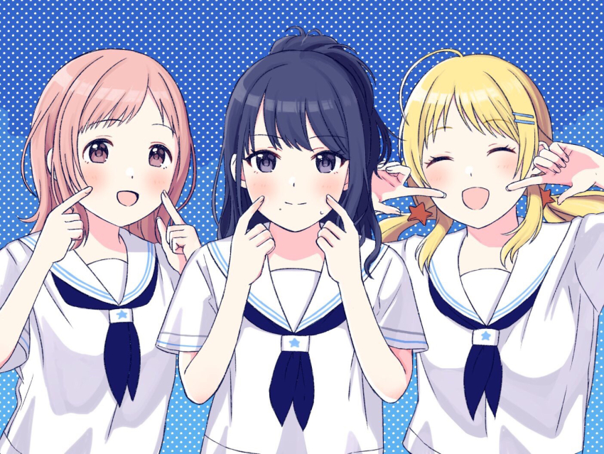 3girls :d ^_^ ahoge black_hair blonde_hair blue_background blue_neckerchief blush breasts brown_eyes brown_hair closed_eyes closed_mouth commentary_request facing_viewer fingers_to_cheeks hachimiya_meguru hair_ornament hairclip idolmaster idolmaster_shiny_colors illumination_stars_(idolmaster) kazano_hiori low_twintails mole mole_under_mouth multiple_girls neckerchief open_mouth polka_dot polka_dot_background purple_eyes sailor_collar sakuragi_mano sasakamasasa school_uniform serafuku shirt small_breasts smile star_(symbol) star_hair_ornament sweat twintails upper_body white_sailor_collar white_shirt