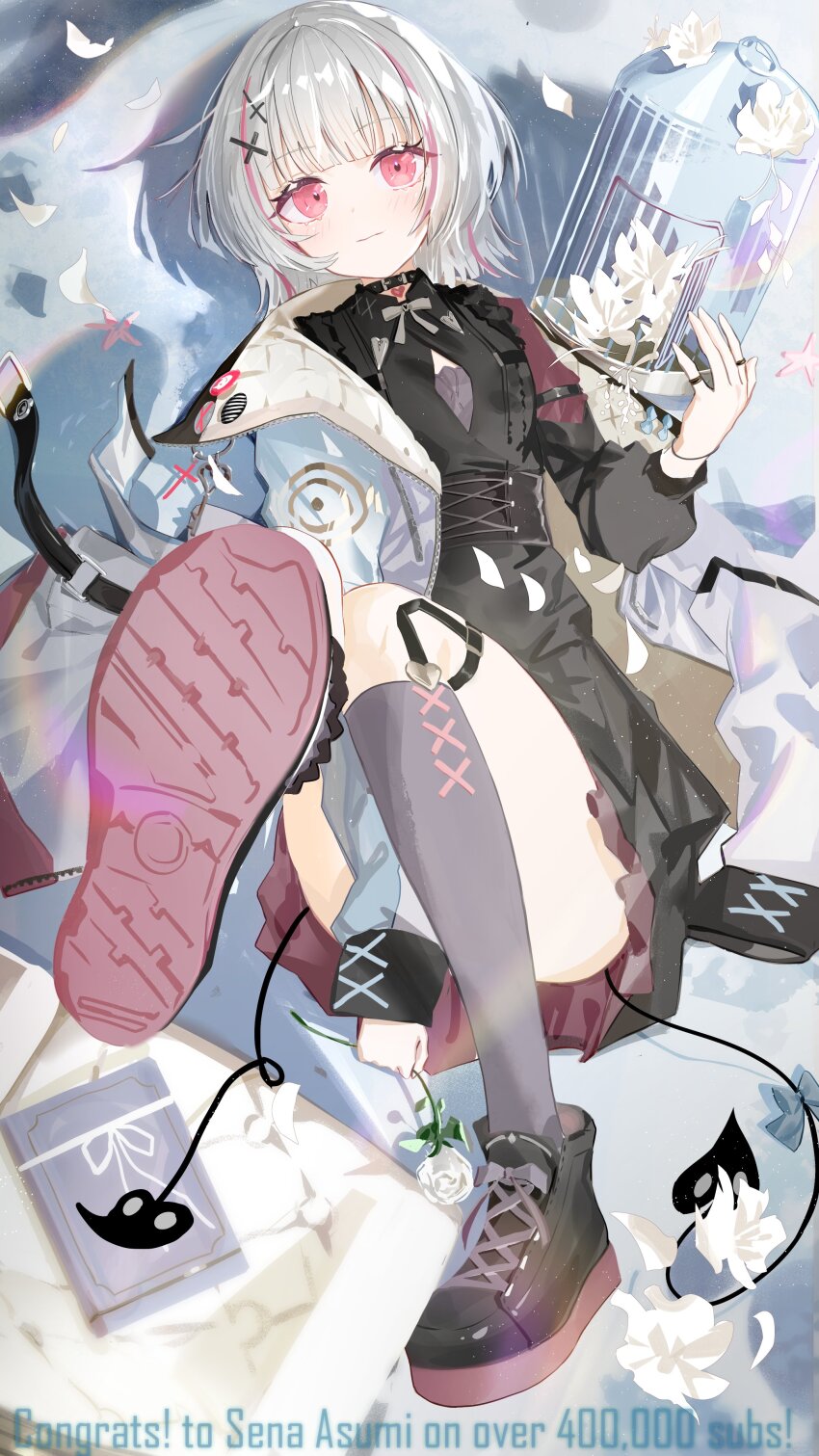 1girl absurdres asumi_sena asumi_sena_(3rd_costume) between_legs birdcage black_choker black_footwear black_shirt black_skirt blush book bow bowtie cage cattleya_regina_games choker cleavage_cutout clothing_cutout corset demon_tail english_text flower frilled_shirt frills garter_straps grey_bow grey_bowtie grey_hair grey_thighhighs hair_ornament hand_between_legs highres holding holding_flower jacket legs_up looking_at_viewer lying multicolored_hair open_clothes open_jacket petals pink_eyes pink_hair ryoma_(rym_369) shirt skirt solo streaked_hair tail thighhighs virtual_youtuber vspo! white_flower white_jacket
