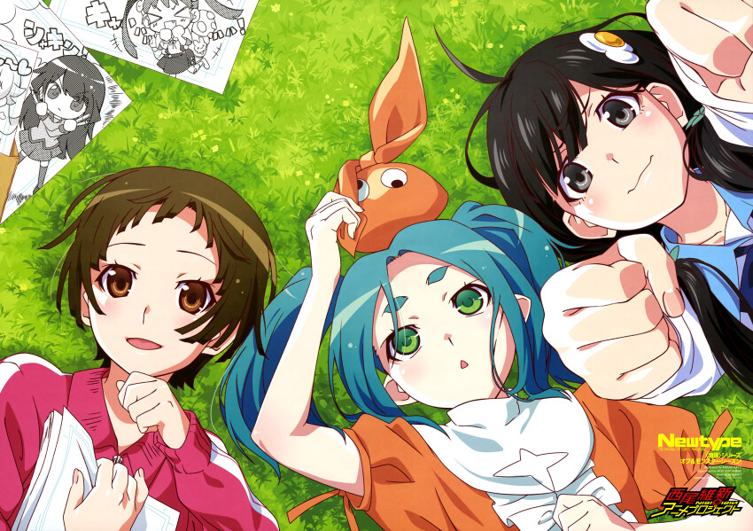 3girls :&lt; :3 :d absurdres adjusting_clothes adjusting_headwear ahoge aqua_hair araragi_tsukihi arm_up black_bow black_bowtie black_eyes black_hair blue_sailor_collar blush bow bowtie brown_eyes brown_hair chestnut_mouth clenched_hands closed_mouth collared_shirt commentary curled_fingers day double_vertical_stripe drawing_(object) dress dress_shirt egg_hair_ornament english_commentary envelope food-themed_hair_ornament fried_egg from_above googly_eyes grass green_eyes green_ribbon hachikuji_mayoi hair_ornament hair_ribbon halftone hand_to_own_mouth hat highres hikimayu holding holding_paper jacket kato_mizuki light_blush long_hair long_sleeves looking_at_viewer looking_up loose_hair_strand lying magazine_scan messy_hair monogatari_(series) multiple_girls newtype non-web_source official_art on_back on_ground ononoki_yotsugi open_mouth orange_dress orange_hat oshino_shinobu outdoors outstretched_arms paper parted_lips poster_(medium) promotional_art puffy_short_sleeves puffy_sleeves reaching reaching_towards_viewer red_jacket ribbon sailor_collar scan school_uniform sengoku_nadeko senjougahara_hitagi serafuku shirt short_eyebrows short_hair short_sleeves side-by-side smile thick_eyebrows third-party_source track_jacket translated trim_marks tsuganoki_second_junior_high_school_uniform twintails v-shaped_eyebrows very_short_hair white_shirt