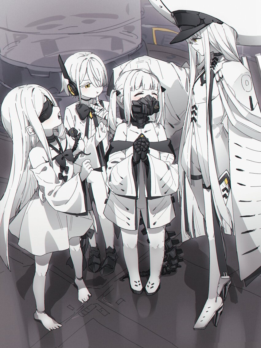 4girls :t ^_^ absurdres barefoot black_mask blindfold blue_archive closed_eyes colored_skin ein_(blue_archive) hat height_difference highres long_hair looking_at_another malkuth_(blue_archive) mask mouth_mask multiple_girls ohr_(blue_archive) pout short_hair sof_(blue_archive) standing tail toes twintails very_long_hair white_hair white_hat white_skin yellow_eyes yukie_(kusaka_shi)