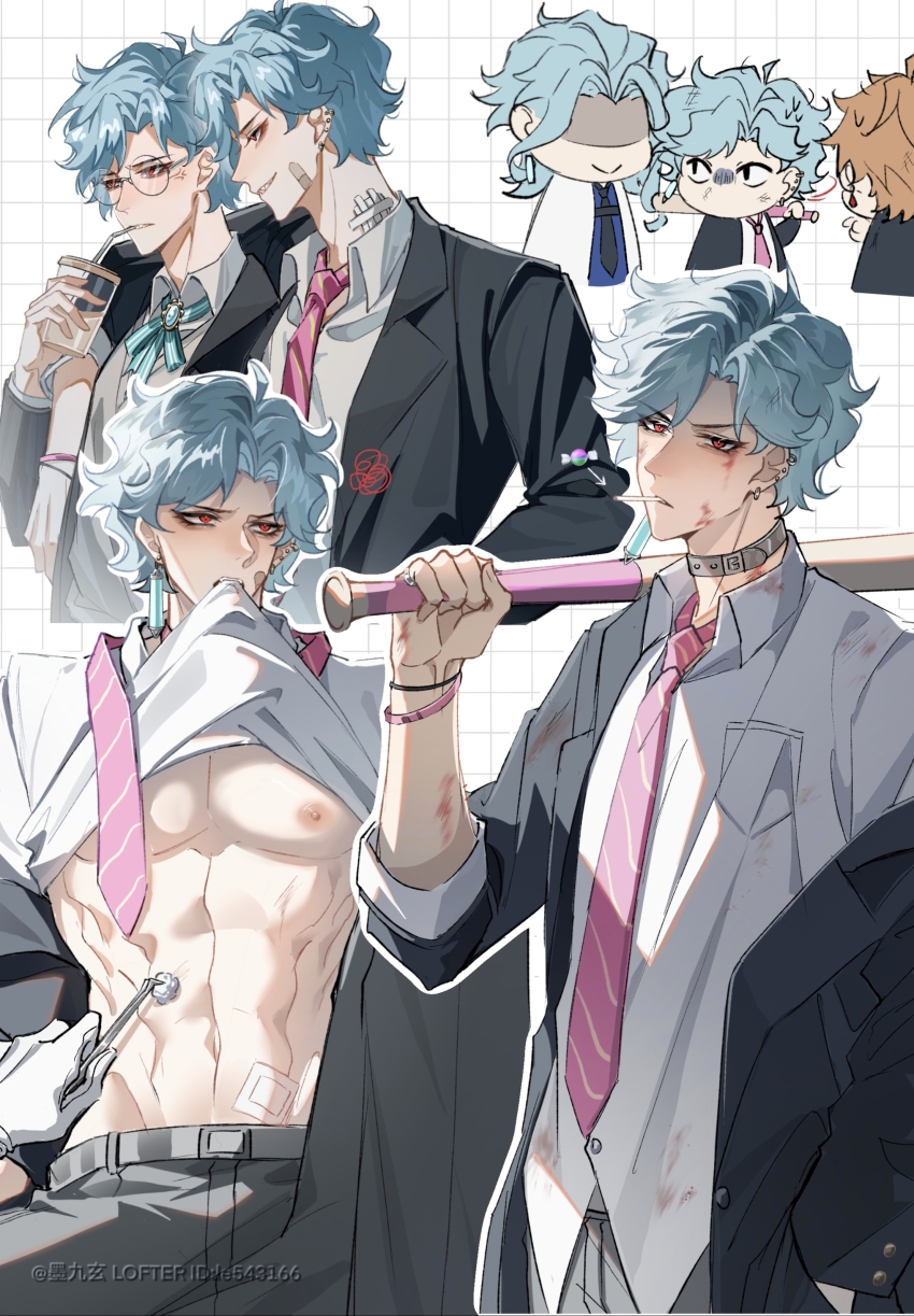4boys abs absurdres anger_vein aqua_gemstone aqua_ribbon arm_around_shoulder arrow_(symbol) artist_name averting_eyes bandaid bandaid_on_cheek bandaid_on_face bandaid_on_neck bandaid_on_stomach baseball_bat belt black_jacket black_necktie blue_hair blue_shirt bracelet breast_pocket brooch candy chibi chinese_commentary clothes_lift collared_shirt commentary_request cotton_ball cup diagonal-striped_clothes diagonal-striped_necktie disposable_cup dottore_(genshin_impact) drinking_straw ear_piercing earrings fangs food food_in_mouth gem genshin_impact glasses gloves grey_belt grey_pants grey_sweater_vest grid_background grin hand_in_pocket hand_up highres holding holding_baseball_bat holding_cup holding_tweezers jacket jewelry lapels lifting_own_clothes lofter_username lollipop long_sleeves looking_at_another looking_at_viewer male_focus mojiuxuan mouth_hold multiple_boys multiple_views navel neck_ribbon necktie necktie_over_shoulder nipples off_shoulder open_clothes open_jacket orange_hair pants parted_bangs parted_lips pectorals piercing pink_necktie pocket red_eyes ribbon ring round_eyewear school_uniform scratches serious shaded_face sharp_teeth shirt shirt_lift short_hair simple_background single_earring smile squiggle stomach striped_clothes sweater_vest tartaglia_(genshin_impact) teeth turn_pale turning_head tweezers untucked_shirt v-shaped_eyebrows white_background white_gloves white_shirt wing_collar