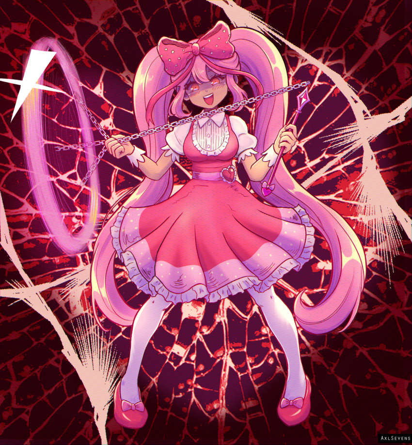 1girl :d artist_name axl_sevens belt blush bow breasts chain collared_shirt commentary commission dark-skinned_female dark_skin double-parted_bangs dress english_commentary footwear_bow frilled_sleeves frills full_body hair_between_eyes hair_bow hands_up head_tilt heart highres holding_flail legs_apart long_hair looking_at_viewer medium_breasts medium_dress omori open_mouth pantyhose petticoat pigeon-toed pink_belt pink_bow pink_dress pink_shoes polka_dot polka_dot_bow puffy_short_sleeves puffy_sleeves red_background red_eyes shaded_face shirt shoes short_sleeves sidelocks simple_background smile solo standing straight-on sweetheart_(omori) teeth tongue twintails upper_teeth_only very_long_hair vignetting white_pantyhose white_shirt wrist_cuffs