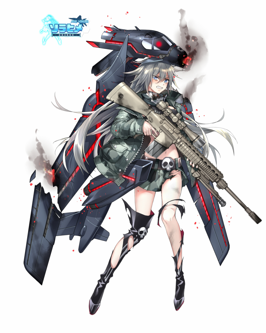 1girl ace_virgin aircraft airplane b-1_lancer belt black_boots blue_eyes boots broken burning camouflage camouflage_jacket camouflage_skirt clenched_teeth copyright_name female_focus fhalei finger_on_trigger frills full_body grey_hair gun hair_between_eyes heavy_bomber helmet high_heel_boots high_heels highres holding holding_gun holding_weapon jacket knee_boots logo long_hair long_sleeves looking_at_viewer machinery mecha_musume midriff muzzle_device navel north_american_rockwell penetrator_(aircraft) pleated_skirt rifle rockwell_international scope skirt skull smoke sniper_rifle solo standing strategic_bomber supersonic_aircraft teeth torn_clothes very_long_hair weapon weapon_request white_background