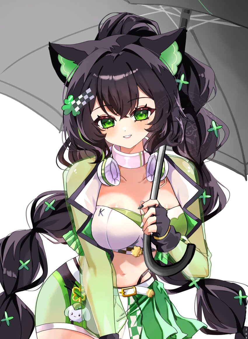 1girl absurdres airiillus animal_ears black_gloves black_hair braid breasts cat_ears choker cleavage commentary cowboy_shot crop_top cropped_jacket english_commentary fingerless_gloves gloves green_eyes green_jacket green_skirt grin headphones headphones_around_neck highleg highres holding holding_umbrella indie_virtual_youtuber jacket kitsunya_(vtuber) large_breasts long_hair long_sleeves looking_at_viewer midriff nail_polish navel open_clothes open_jacket panty_straps race_queen second-party_source see-through_clothes see-through_jacket see-through_sleeves shirt skirt smile solo stomach twin_braids twintails umbrella very_long_hair virtual_youtuber white_choker white_shirt