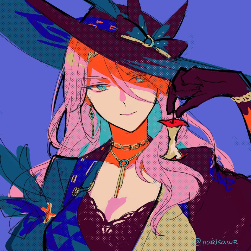 1girl absurdres apple apple_core aqua_eyes blue_background breasts cleavage earrings eyes_visible_through_hair food fruit gloves hair_between_eyes hair_over_one_eye hat highres honkai:_star_rail honkai_(series) jade_(honkai:_star_rail) jewelry lipstick long_hair makeup narisawr pink_hair pink_lips simple_background single_earring smile solo