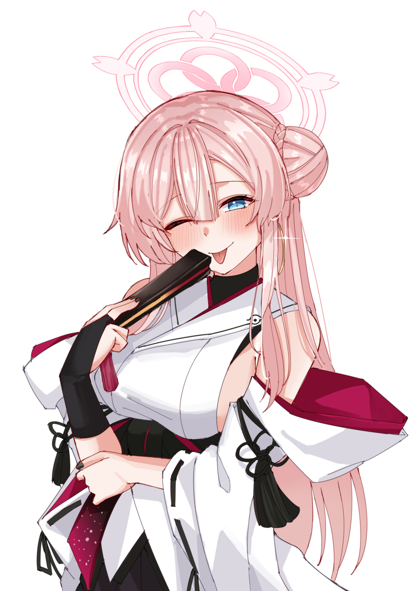 1girl absurdres bare_shoulders black_bridal_gauntlets blue_archive blue_eyes blush breasts bridal_gauntlets commentary_request cosplay folding_fan hair_between_eyes hair_bun halo hand_fan highres holding holding_fan japanese_clothes kimono large_breasts long_hair looking_at_viewer mimori_(blue_archive) niya_(blue_archive) niya_(blue_archive)_(cosplay) off_shoulder one_eye_closed pink_hair pink_halo rynn_(darknescorez) sideboob simple_background single_hair_bun single_side_bun solo tassel tongue tongue_out white_background white_kimono wide_sleeves