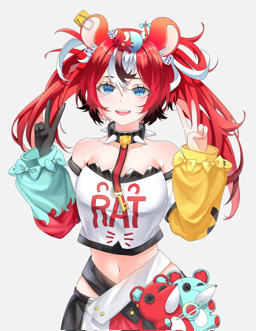 1girl animal_ears appo_mk asymmetrical_sleeves black_gloves black_hair black_skirt blue_eyes breasts cheese collar commentary crop_top dice_hair_ornament double_v english_commentary food gloves hair_ornament hakos_baelz hakos_baelz_(1st_costume) highres hololive hololive_english jewelry key key_necklace large_breasts looking_at_viewer mismatched_sleeves mouse_ears mouse_girl mouse_on_head mousetrap mr._squeaks_(hakos_baelz) multicolored_hair multicolored_skirt necklace open_mouth red_hair red_skirt shirt simple_background single_glove skirt solo spiked_collar spikes v virtual_youtuber white_background white_shirt white_skirt