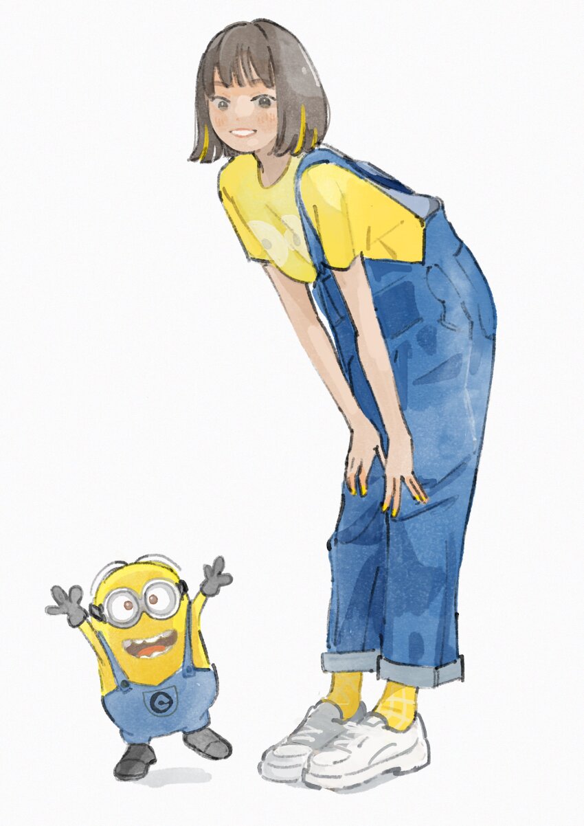 1girl absurdres bent_back bent_over blue_overalls bob_cut brown_eyes brown_hair despicable_me full_body highres minion_(despicable_me) overalls shirt solo watamoke white_background yellow_shirt