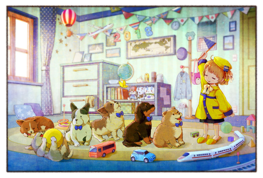 1girl 2018 ahoge aircraft airplane animal_ears animial arm_up bag beanie blush bow bowtie braid bug bus butterfly calendar_(object) car character_doll child closed_eyes commentary curtains dachshund dog female_focus flags_of_all_nations globe hair_bow handbag hat hot_air_balloon indoors insect k.k._slider_(animal_crossing) light_brown_hair light_particles map model_airplane motor_vehicle nengajou new_year original parappa parappa_the_rapper pillow school_uniform side_braid single_braid slippers solo star_(symbol) string_of_flags tati_tachiko tour_guide toy toy_airplane toy_car toy_train train union_jack welsh_corgi window world_map
