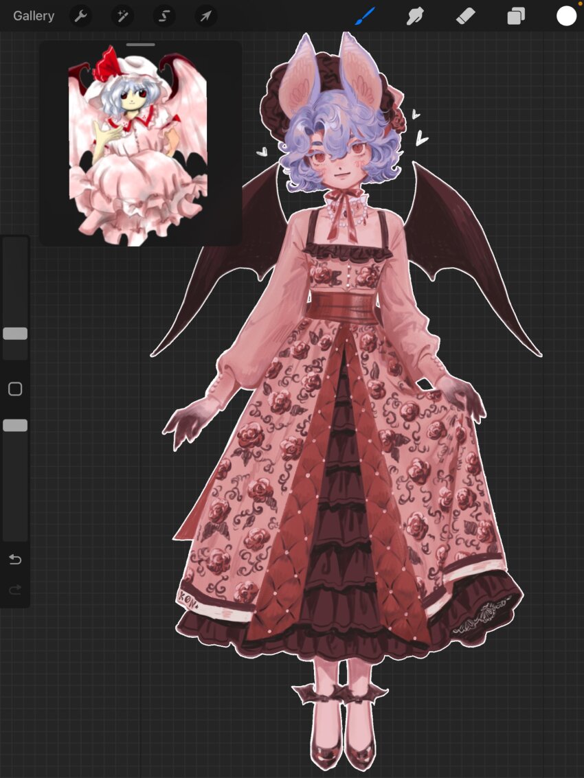 1girl animal_ears bat_ears bat_wings blue_hair comparison dress floral_print highres k0nfette remilia_scarlet solo touhou user_interface wings zun