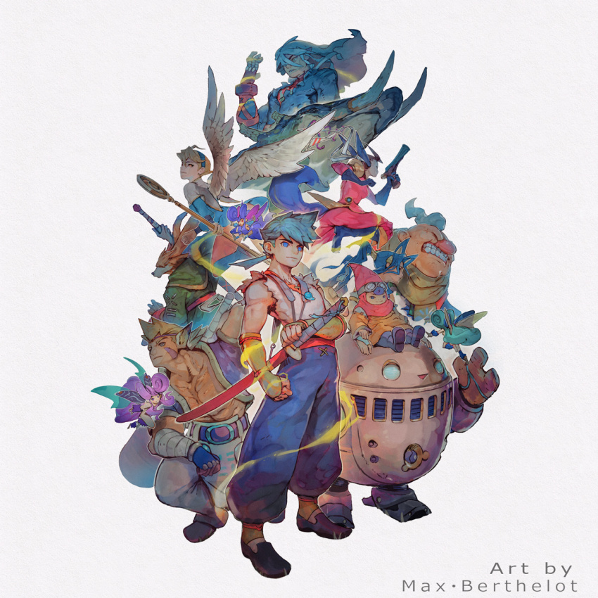 1other 5boys 6+girls amulet animal_ears artist_name bandaged_arm bandages black_eyes blonde_hair blue_dress blue_eyes blue_hair blue_headband breath_of_fire breath_of_fire_iv brown_fur cat_ears closed_eyes closed_mouth covered_eyes deis dog_boy donut_hair_bun dress english_text ershin facial_mark fairy fairy_wings feathered_wings fou-lu frown gauntlets general_yohm gloves goggles goggles_on_head gun hair_bun hair_rings hair_tuft half_gloves hand_up headband highres holding holding_gun holding_staff holding_sword holding_weapon hood jumpsuit katana looking_at_viewer looking_down looking_to_the_side magic makushiro mechanical_arms mechanical_legs multiple_boys multiple_girls muscular muscular_male nina_(breath_of_fire_iv) open_mouth p&#039;ung_ryong ponytail purple_hair red_eyes red_nose rhem_(breath_of_fire_iv) ribbon robe robot ryu_(breath_of_fire_iv) scabbard scias sheath sheathed shirt short_hair single_hair_ring sleeveless sleeveless_shirt smile staff sword tail teeth tusks ursula_(breath_of_fire) weapon white_background white_hair wings yellow_robe