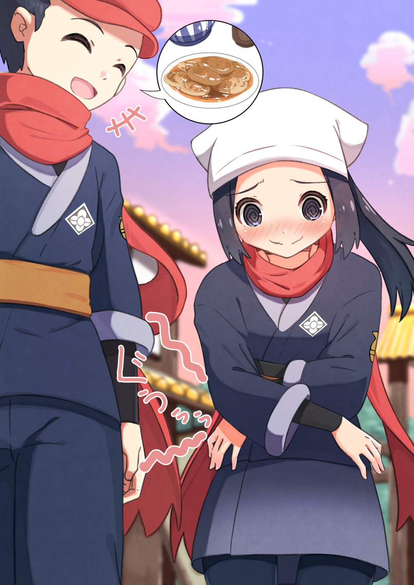 1boy 1girl absurdres akari_(pokemon) black_eyes black_hair blue_kimono blue_pants blue_sky blush closed_eyes closed_mouth cloud commentary_request food food_request galaxy_expedition_team_survey_corps_uniform hat headscarf highres hungry japanese_clothes kimono long_hair negimiso1989 nintendo obi open_mouth pants pokemon pokemon_legends:_arceus red_hat red_scarf rei_(pokemon) sash scarf short_hair sidelocks sky smile speech_bubble standing stomach_growling very_short_hair wavy_mouth white_headscarf