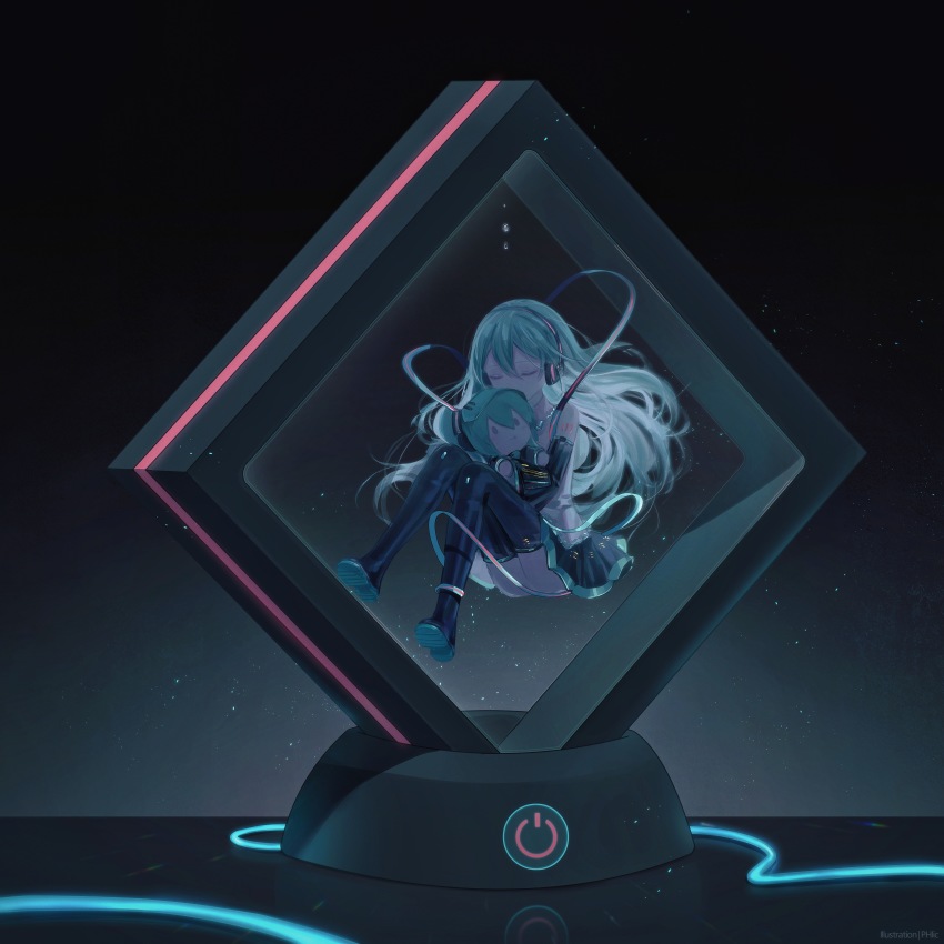 1girl absurdres arm_tattoo artist_name bare_shoulders black_background black_boots black_skirt blue_hair boots character_doll closed_eyes collared_shirt covered_mouth detached_sleeves floating floating_hair from_side full_body glowing gradient_background grey_shirt hair_down hatsune_miku headset highres hugging_object knees_up long_hair number_tattoo phlic power_symbol recharging shirt skirt sleeveless sleeveless_shirt solo tattoo thigh_boots vocaloid wire