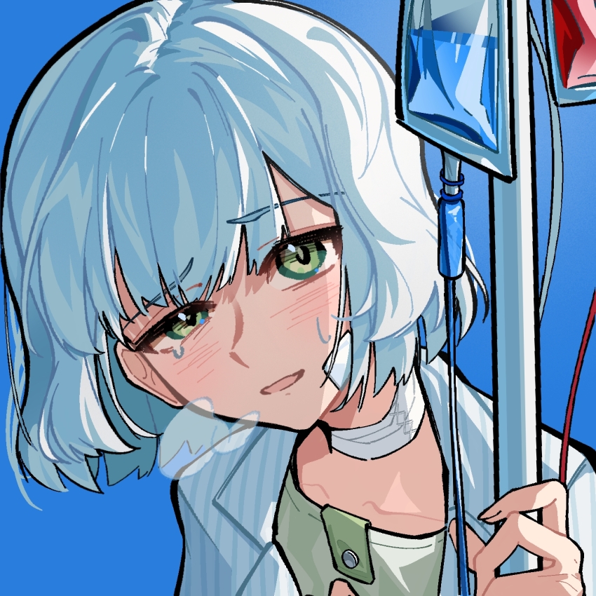 1girl bandaged_neck bandages bandaid bandaid_on_face blue_background chahu_lililala cristallo green_eyes green_nightgown hand_up highres holding intravenous_drip iv_stand looking_at_viewer open_mouth portrait reverse:1999 shirt_on_shoulders short_hair solo steam_from_mouth sweat tearing_up uneven_eyes white_hair