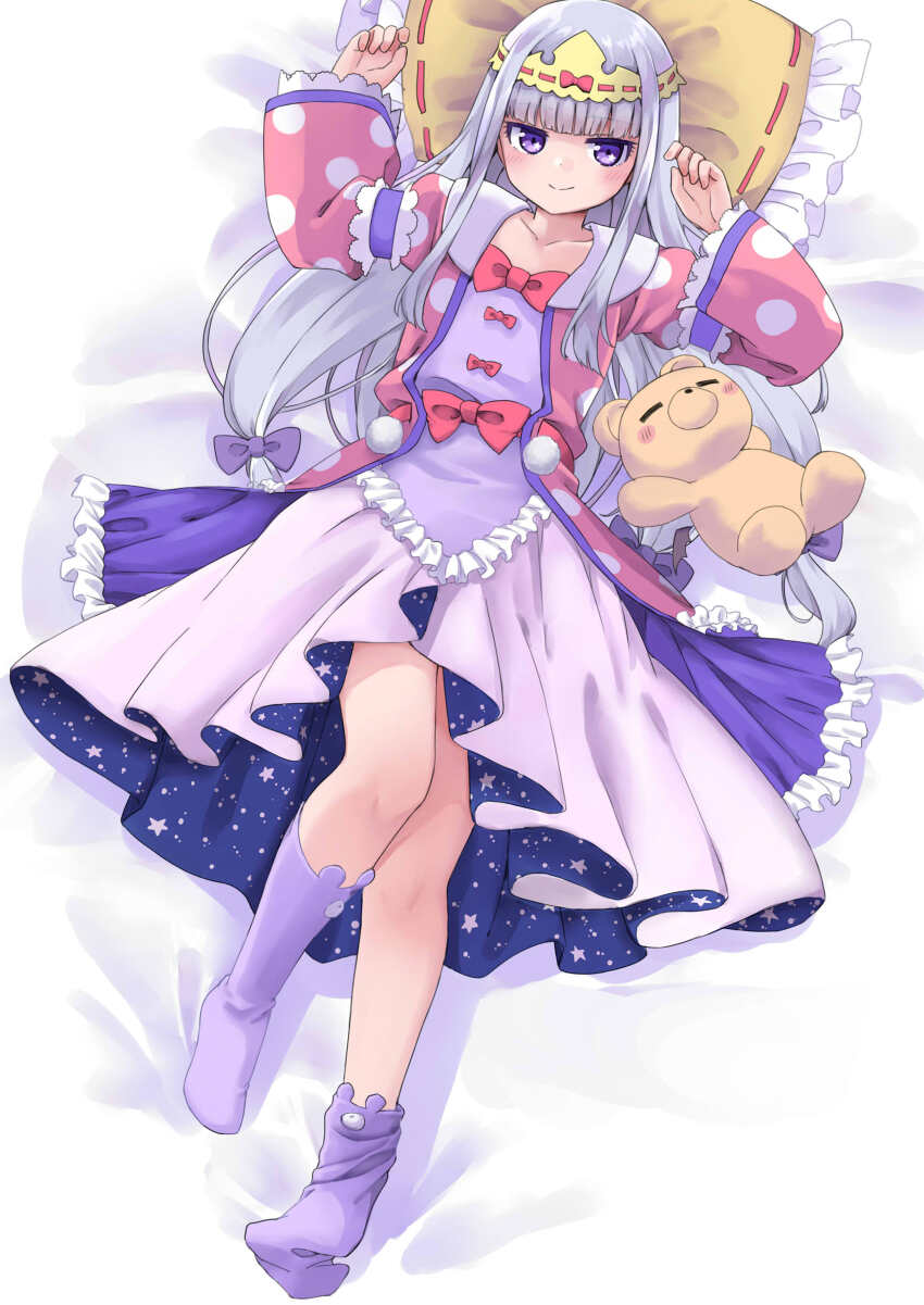 1girl absurdres arm_up aurora_sya_lis_kaymin bed_sheet blush bow closed_mouth commentary dress frilled_pillow frills full_body grey_hair hand_up highres jacket long_hair long_sleeves looking_at_viewer maou-jou_de_oyasumi no_shoes pillow pink_jacket pleated_dress polka_dot polka_dot_jacket purple_dress purple_eyes purple_socks red_bow ribbon_trim sekira_ame smile sock_pull socks solo_focus teddy_demon very_long_hair wide_sleeves